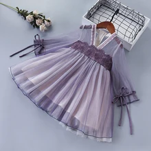 Высококачественное весеннее платье для девочек возрастом от 3 до 7 лет Новинка года, детская одежда из шифона с кружевными цветами и рюшами платье принцессы для девочек