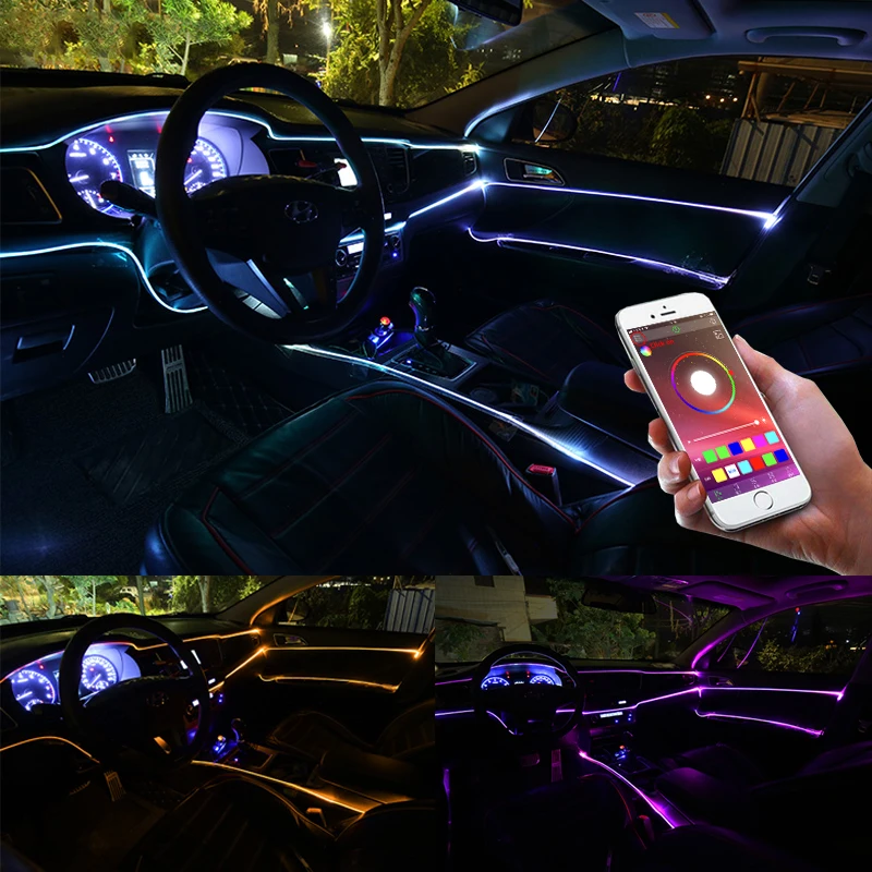 Niscarda 6 м Bluetooth приложение управление Active EL неоновый провода полосы света светодио дный RGB LED Декоративные приборной панели двери Атмосфера свет подсветка салона авто