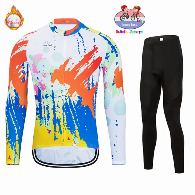 2021 Kids Long Sleeved Winter Thermal Fleece Cycling Jersey Sets Keep Warm Children Balance Bike Clothing Baby Pad Body Suits 5