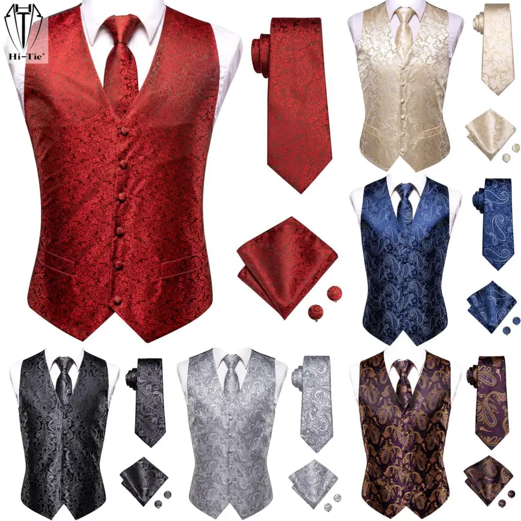 Hi-Tie Brand Silk Mens Vests Waistcoat Tie Hanky Cufflinks Set Red Blue Green Purple Gold Waist Jacket For Men Wedding Business | Мужская