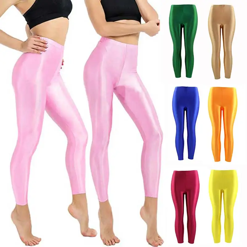 

Fashion candy color Women Solid Color Fluorescent Shiny Pant Leggings Girls Large Size Spandex Shinny Elasticity Casual Trousers