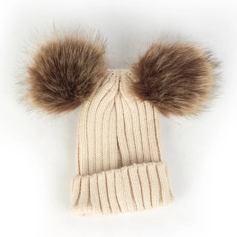 Beige Geebro/модные милые детские зимние теплые наборы шарф шапка вязаные меховые шапки теплые вязаные шапки для мам и детей - Цвет: Beige