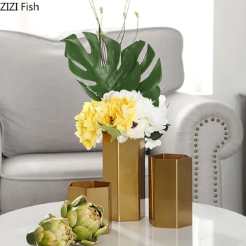 

Gold Vase Metal Hexagon Cylinder Geometric Vases Artificial Flowers Flower Insert Floral Ornaments American Rustic Home Decor