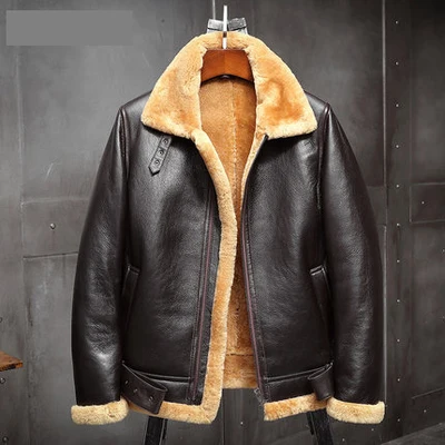 Новинка, Мужская черная куртка-бомбер B3, кожаная куртка, мужские зимние пальто, Меховая куртка из овчины, байкерская куртка - Цвет: brown