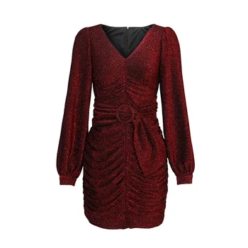 

Vintage Wine Red Sequin Women Dress 2020 Spring Elegant Draped V-neck Long Sleeve Mini Dress With Sashes