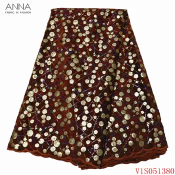 

Anna fashion style velvet embroidery fabric african mesh lace 5 yards/pcs french net laces sequins fabrics for women party dress