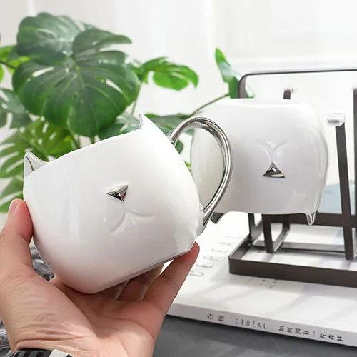 Милая кофейная кружка с 3D ушками и золотой серебряной ручкой керамическая чашка