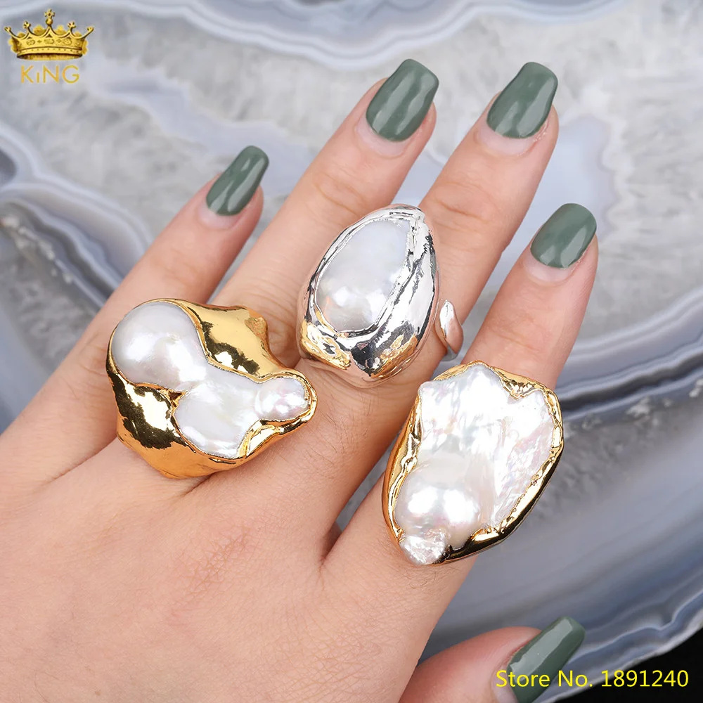 

5pcs White Freshwater Irregular Beads Finger Boho Women Plated Gold Silvery Pearl Adjustable Ring Jewelry