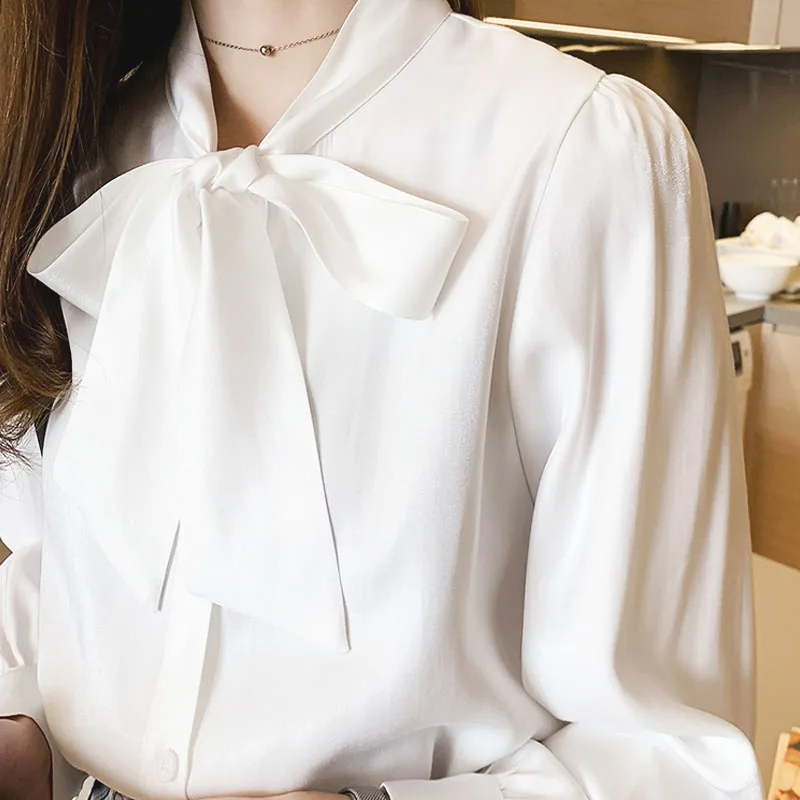  Korean fashion clothing 2019 OL Button Solid Bow chiffon blouses women tops lantern Sleeve plus siz