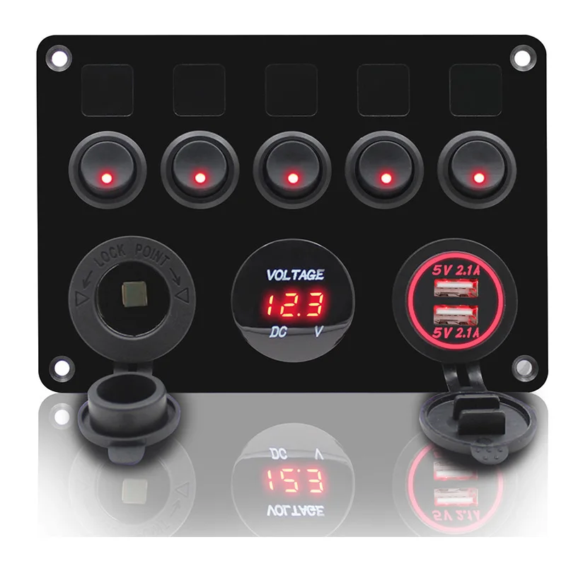 Red LED 5 Gang 8/5 банда ВКЛ-ВЫКЛ тумблер панель 12V~ 24V+ двойной USB разъем зарядное устройство светодиодный вольтметр+ розетка для лодки морской RV грузовик автомобиль - Цвет: Red LED 5 Gang