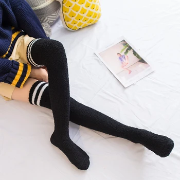 

Lovely Soft Thick Coral Fleece Warm Stockings Striped Ladies Over the Knee Thigh High Stockings Autumn Winter Cute Long Stocking