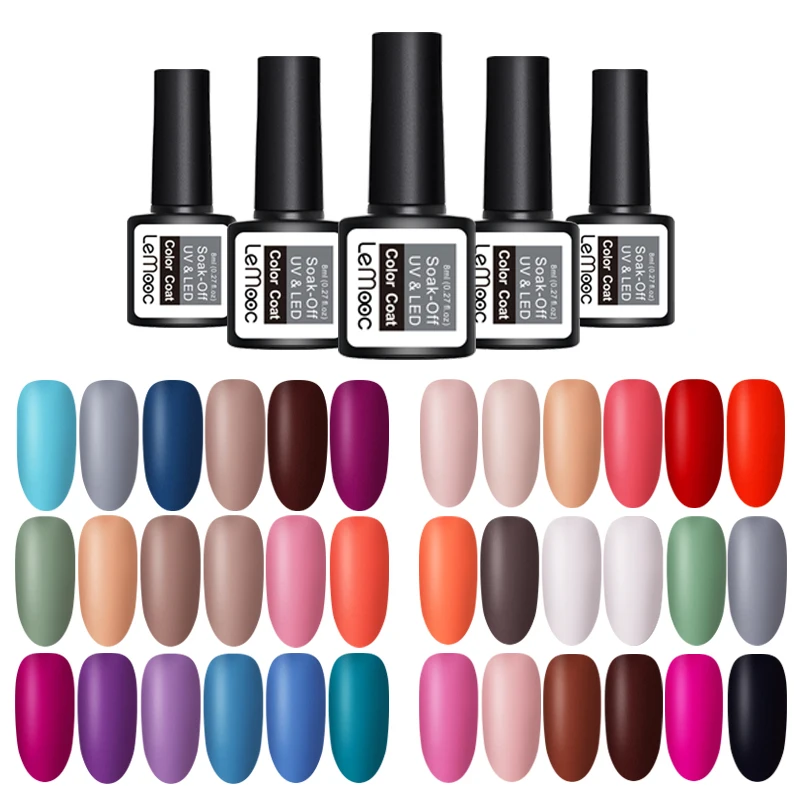 

LEMOOC 8ml Pure Nail Color Semi Permanent Soak Off Nail Polish with Matte Top Coat Nail Art Uv Gel Varnish Lacquer Manicure