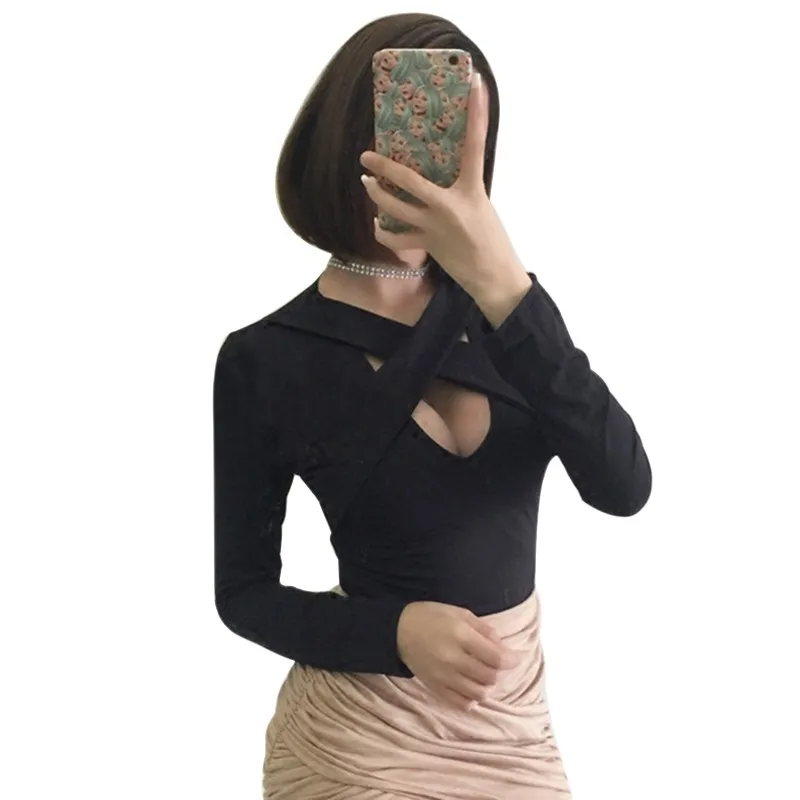 

Women Tshirt Korean Style Sexy Cross Hollow Out Exposure Navel Crop Tops Female Casual Solid Long Sleeve Bottoming T-shirt