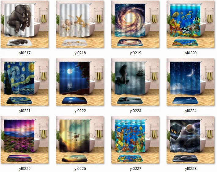 Bath Shadow Cool Digital Printing Shower Curtain Series Waterproof Mould Proof C- Shaped Plastic Hooks Pure tong kou yan Graphic