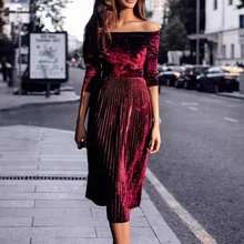 Новое Женское бархатное платье, Осеннее женское вечернее платье, повседневное велюровое платье с открытыми плечами, приталенная женская одежда