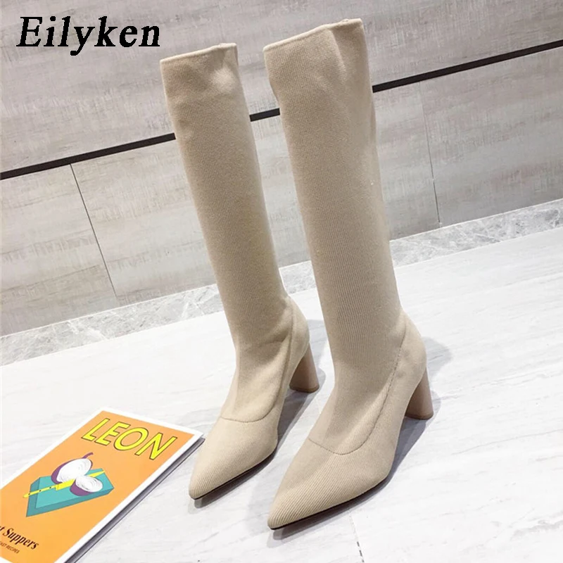 

Eilyken 2019 Winter Knitting Stretch Boots Women Sock Boot Female Square High Heels Pointed Toe Shoes Ladies Leisure Shoes