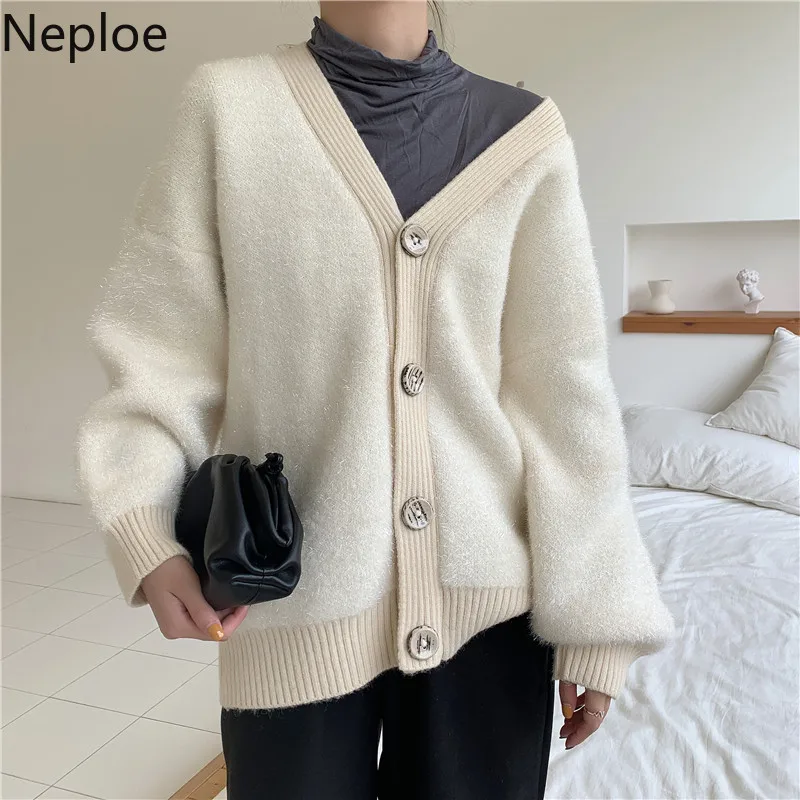 Neploe, свободный, Сумасшедший стиль, вязаный кардиган, свитер для женщин, толстая, теплая верхняя одежда, один нагрудник, Женское пальто, v-образный вырез, длинный рукав, 48013