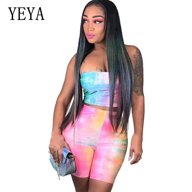 

YEYA Reflective Cloth Rainbow Gradient Sexy Wrapped Chest Two Pieces Sets Short Romper Women Bandage Bodycon Jumpsuits Overalls