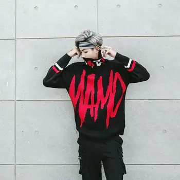 

Winter New High Collar Sweater Men Fashion Contrast Color Casual Knit Pullover Man Streetwear Wild Hip Hop Loose Warm Sweater