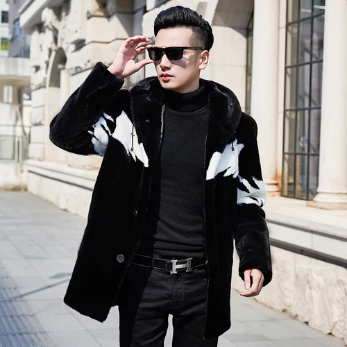 B lack White Шуба из натуральной норки мужская зимняя куртка с капюшоном натуральный мех пальто Модные теплые роскошные мужские куртки из норки KJ3309 - Цвет: B lack White