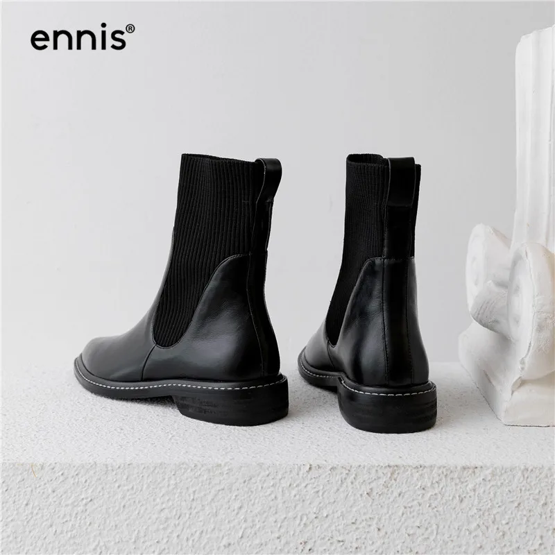 ENNIS/ г.; черные ботинки «Челси» в европейском стиле; женские ботинки из натуральной кожи с острым носком; обувь на низком каблуке; вязаные женские ботинки; сезон осень; A9144