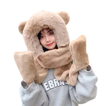 Sparsil Women Winter Hat and Scarf Gloves Set Faux Rabbit Fur Glove Cute with Ear Flap Fullfy Thicken Warm Double-layer Skullies