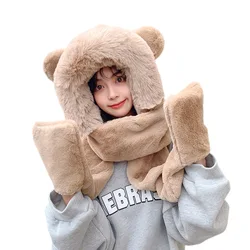 Sparsil Women Winter Hat and Scarf Gloves Set Faux Rabbit Fur Glove Cute with Ear Flap Fullfy Thicken Warm Double-layer Skullies