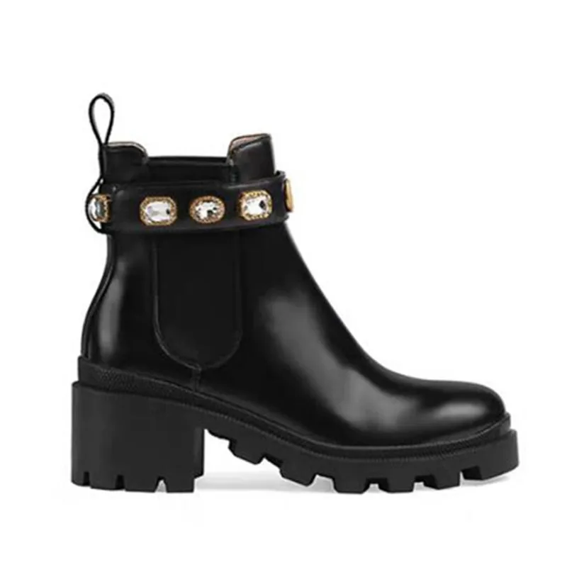 Rhinestone Boots Women Crystal Belt Design Ankle Boots Round Toe Platform Shoes Chunk Heels Leather Winter Militries Boots 20019