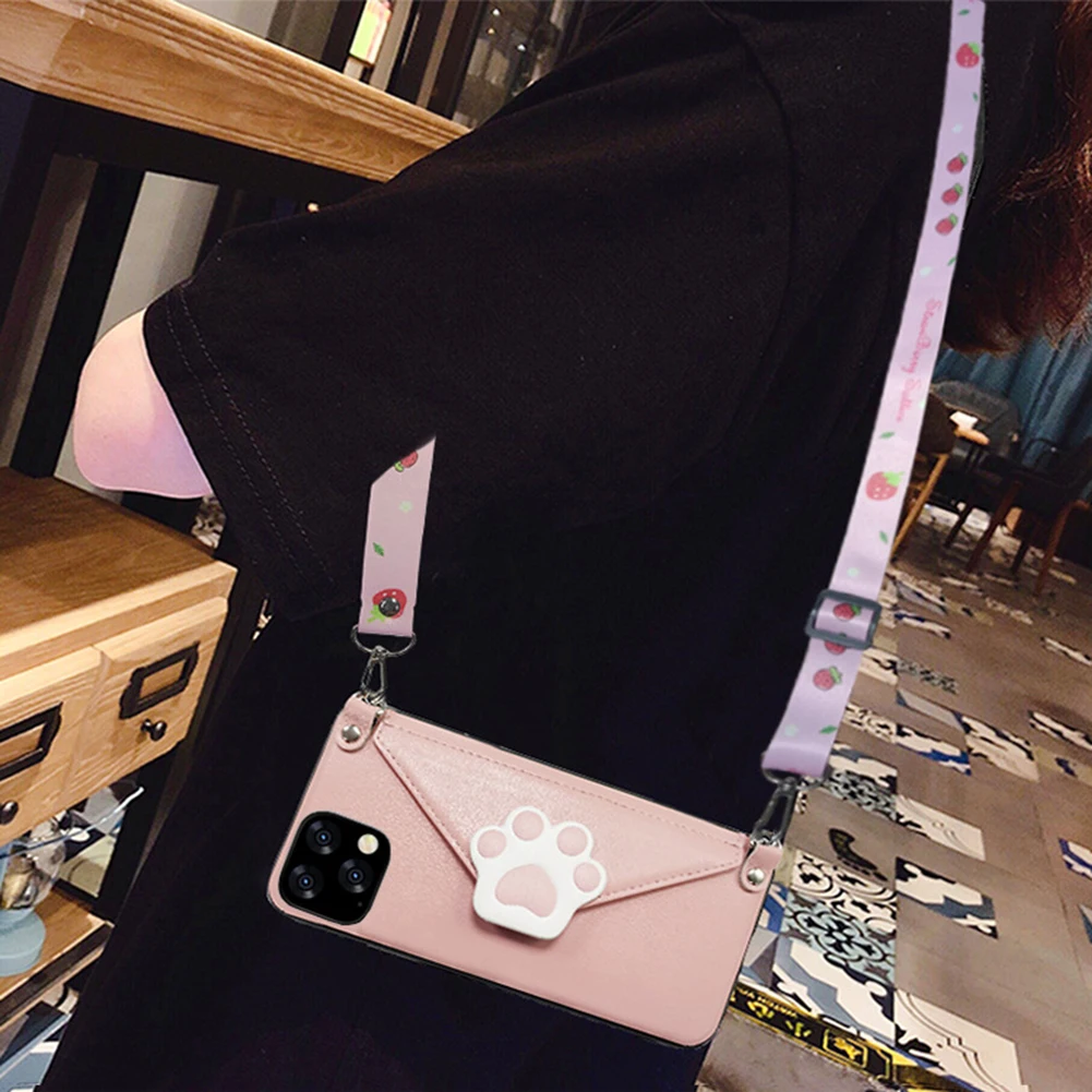 Кроссбоди ремешок чехол для телефона для iPhone 11 Pro Max кошелек слот для карт плечевой ремень чехол оболочка для iPhone X XS MAX XR 8 7 Plus - Цвет: Pink Cat Claw
