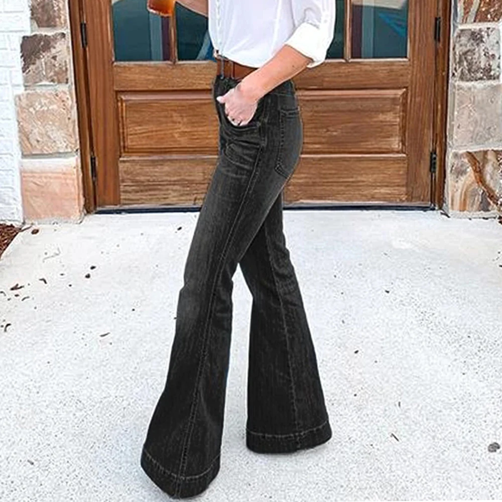 

LOOZYKIT Women Fashion Slim Show Thin Casual Jeans Flared Trousers Long Pant 2019 Ladies High Waist Casual Trouser Wide Leg Pant