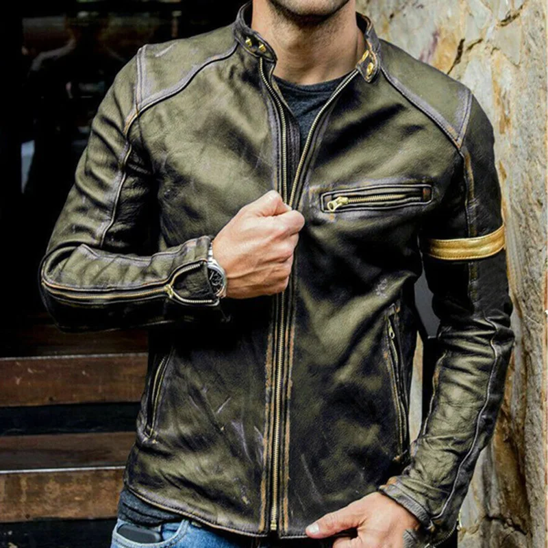 Men Motorcycle Jacket Leather Jacket Retro Casual Youth Stand-up Collar Punk Male Motorcycle Leather Jacket Artificial Leather leather field jacket