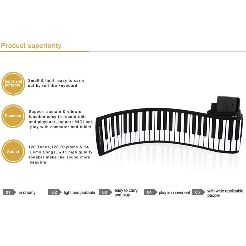 Portable 88 Keys Electronic Roll Up Piano Flexible Silicone Hand Roll Keyboards,Us Plug