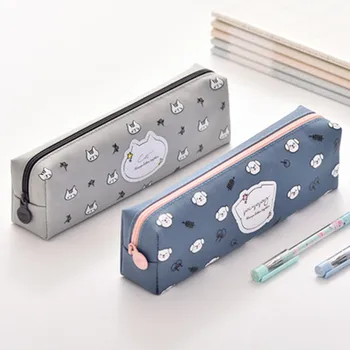 

Little Cat Dog Pencil Bag Simple Type One Zipper Blue Gray Students Pencil Case Fabric Stationery Storage Sofe Light Deli 66863