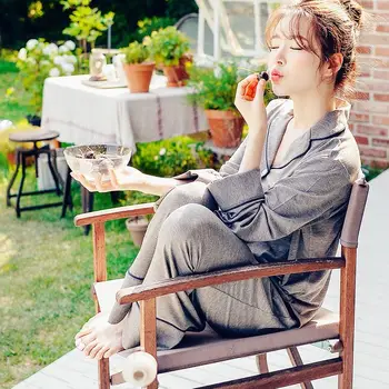 

2020 Spring and Autumn New Women Pajamas Set Modal Turn-down Collar Female Long Sleeved Trousers Homewear Suit 2 Piece Sets