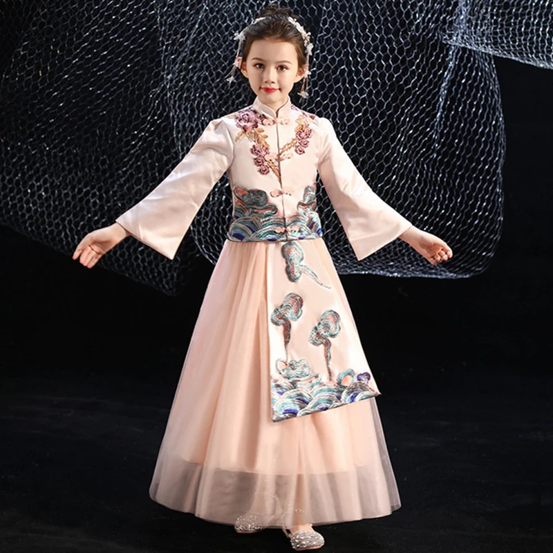Китайское платье-пачка для девочек, платья детская одежда свадебное платье с цветочным узором для девочек, костюмы для вечеринки в честь Дня Рождения, детская одежда