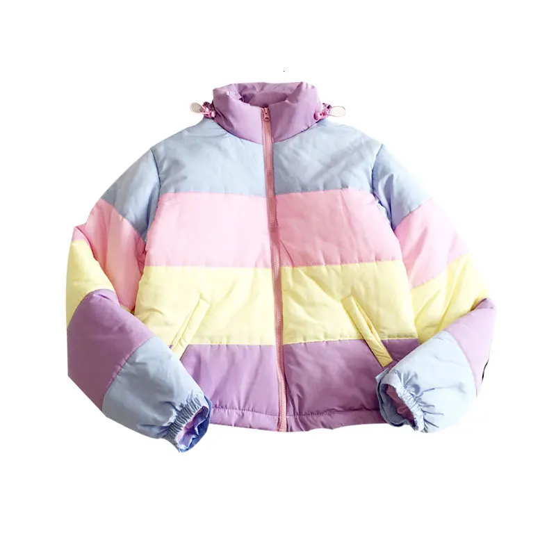 

Rainbow Colorful Cotton Padded Parkas Casual Women Autumn Winter Detachable Hat Coat Macaron Pastel Panel Puffer Jacket Coats