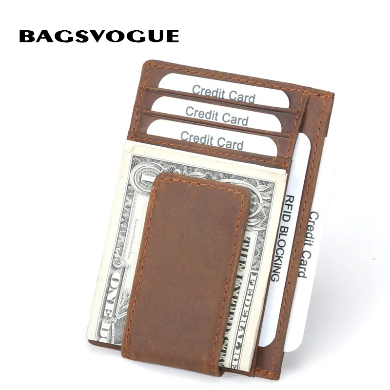 

Bagsvogue New Rifd Genuine Leather Man Money Clip Wallet Slim Wallet Skin Anti Magnet Card Solid for Unisex Purse Case