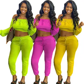 

Echoine Autumn Winter Sexy Off Shoulder Crop Top and pants Two Piece set Party Club Outfits tracksuit