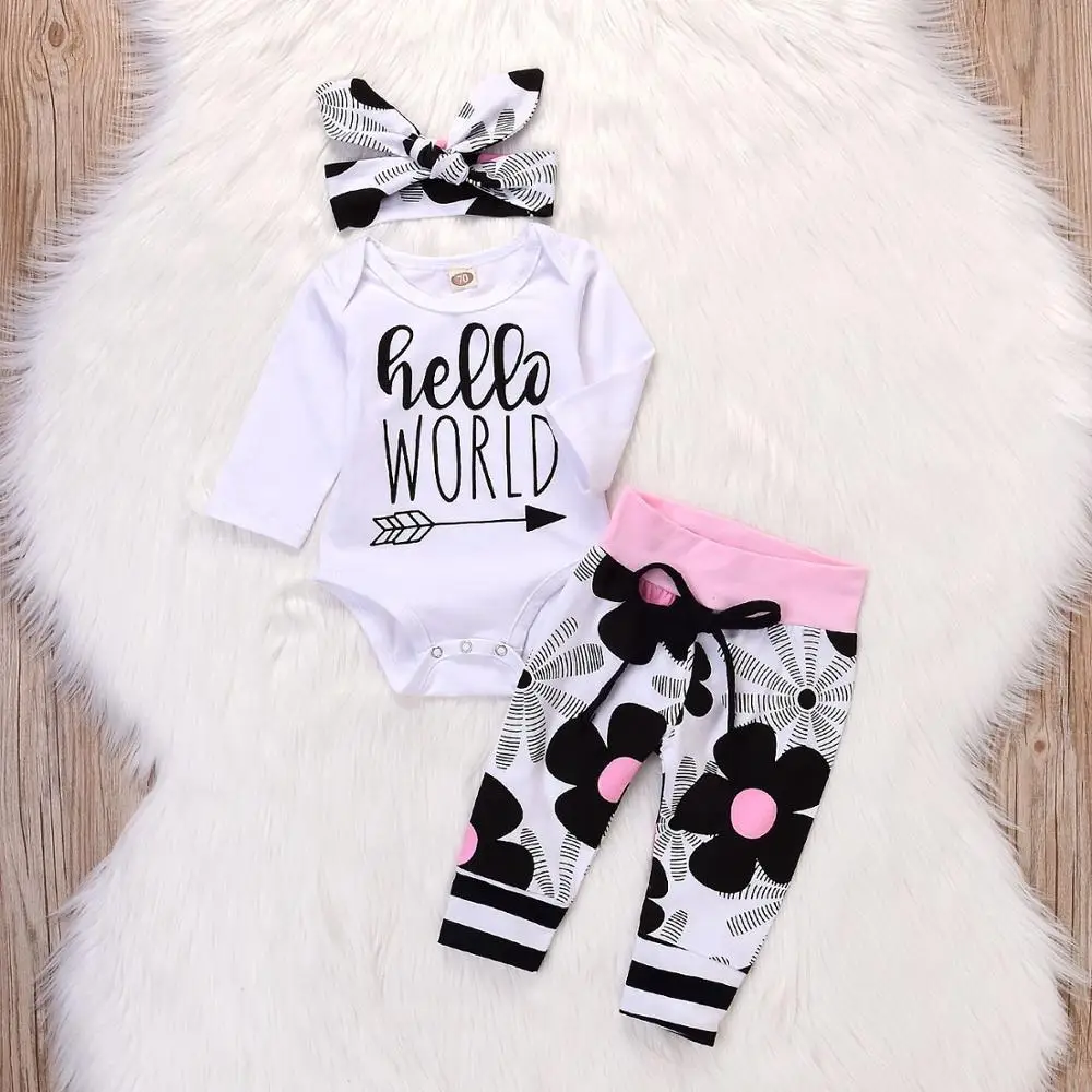 3Pieces Newborn Baby girl clothes sets Letter printed Hello World Tops Romper+Floral Pants+Hat Infant girl clothing outfit