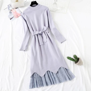 

Women knitted Dress 2-piece set 2020 Autumn Winter Vintage Long sleeve Sweater pullover + Sweet Lace Skirt Sweater Suits