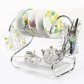

Finether Multifunctional S-type Plated Double Dish Drain Rack Kitchen Dish Rack 2 layers Kitchen Organizer Shelf Storage Holder