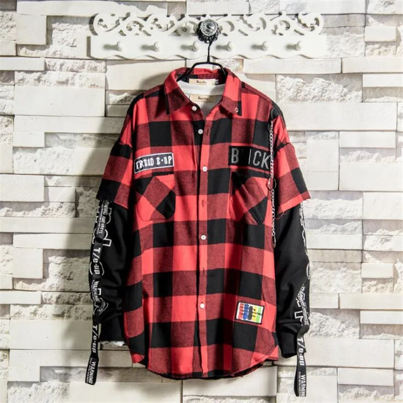 Черная и красная клетчатая Лоскутная рубашка, Мужская хип-хоп клетчатая корейская модная уличная одежда, мужские рубашки на пуговицах в стиле панк, мужские нарядные рубашки