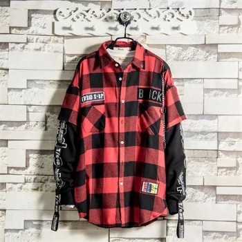 

Black And Red Plaid Patchwork Shirt Men Hip Hop Checkered Korean Fashion Streetwear Men Shirts Button Up Punk Mens Dress Shirts