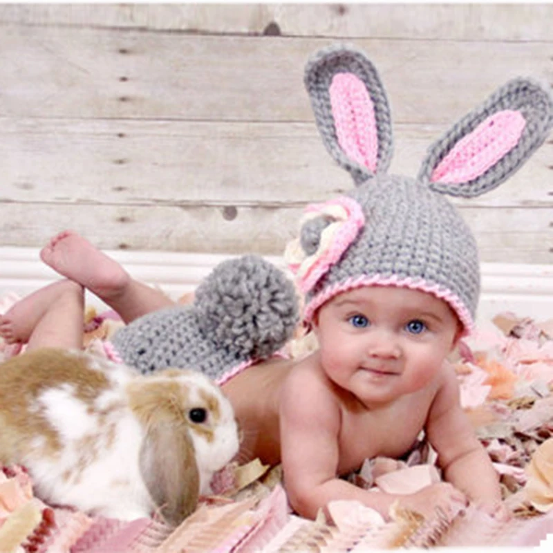 Комплект одежды для новорожденных мальчиков и девочек с реквизитами, универсальная хлопковая теплая футболка с милым Кроликом, шапка, детская одежда для младенцев - Цвет: Серый