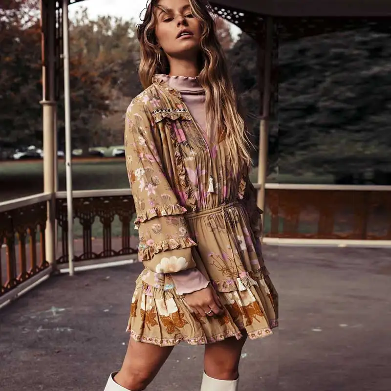 Бохо с цветочным принтом, платье с длинными рукавами, женское платье с эластичной резинкой на талии с рюшами, розовое, желтое, Осеннее мини-платье, женское летнее платье