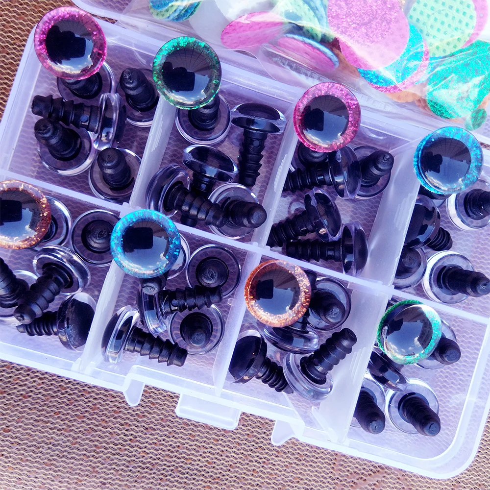High Quality 48pcs 3D Glitter Plush Plastic Safety Eyes For Toys Amigurumi Doll Making Eyes For Dolls Mix Animal Box 12mm 3