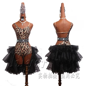 

Latin Dance Dress Latin Skirt Competition Dress Costumes Performing Dress Adult Customize Children Leopard Print Black Beading D