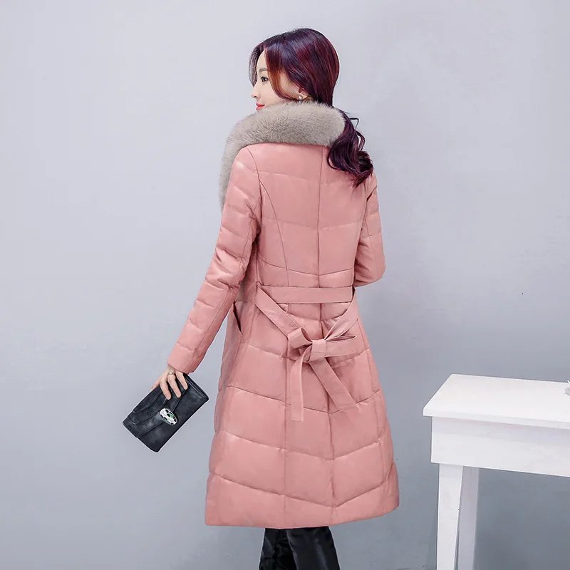 Winter Women Pu Leather Down Jacket Sashes Office Ladies Slim Fit Warm Outerwear Overcoat Fur Collar Long Coat Casaco Feminino