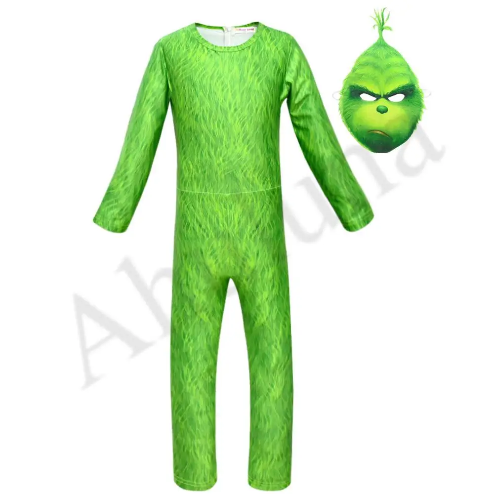 Рождественские костюмы Grinch для костюмированной вечеринки; толстовки с капюшоном с изображением зеленого Монстра; боди для детей; комбинезоны для мальчиков; футболки; C18301 - Цвет: Jumpsuit Mask