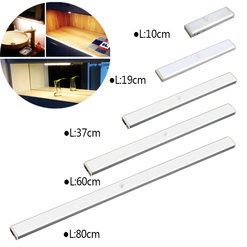 

LED Under Cabinet Light Closets PIR Motion Sensor Lamp LED Wireless USB Rechargeable Kitchen Lights for Wardrobe Room